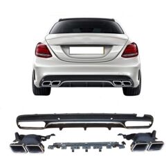 Mercedes Uyumlu W205 C Serisi Gümüş (Silver) Difüzör ve Egzoz Seti (AMG Sedan - Krom Trim)