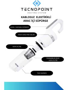 TecnoPoint Kablosuz Araç Içi Süpürge – 80W, Güçlü Emiş, Type-C Şarjlı, Ultra Sessiz, Hafif Tasarım