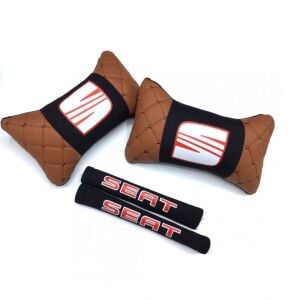 Seat Uyumlu Yedek Parça Logolu Boyun Yastığı ve Emniyet Kemer Kılıfı Kahverengi